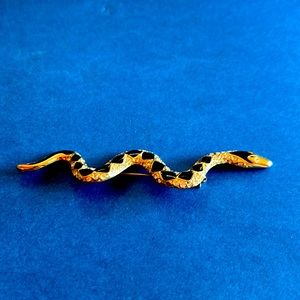 Vintage Costume Snake Brooch, Black Enamel and Crystals 4”